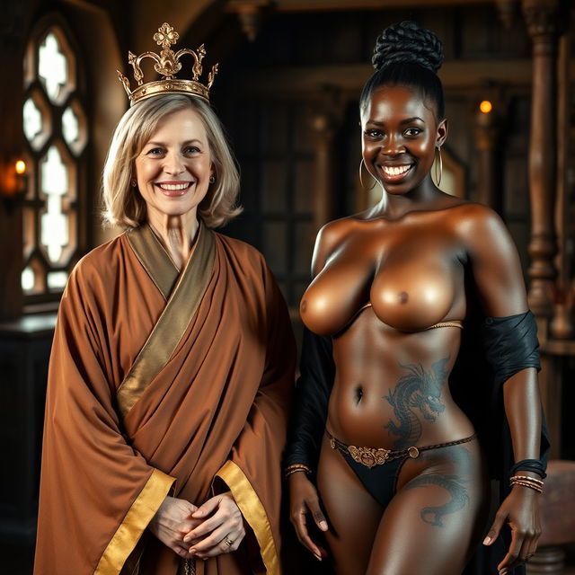 In a medieval chamber, a cheerful 50-year-old blonde woman with medium-length hair and bright blue eyes smiles warmly, wearing an elegant long Buddhist robe with golden edges and a golden crown atop her head