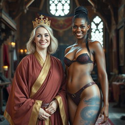 In a medieval room filled with rich decor, a joyful 50-year-old blonde woman, with medium-length hair and bright blue eyes, smiles widely