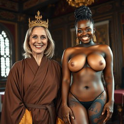 In a richly decorated medieval room, a joyful 50-year-old blonde woman with medium-length hair and bright blue eyes is smiling widely