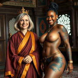 In a richly decorated medieval room, a joyful 50-year-old blonde woman with medium-length hair and bright blue eyes is smiling widely