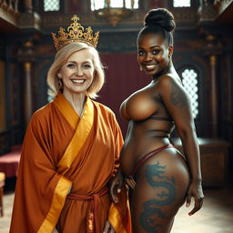 In a richly decorated medieval room, a joyful 50-year-old blonde woman with medium-length hair and bright blue eyes is smiling widely