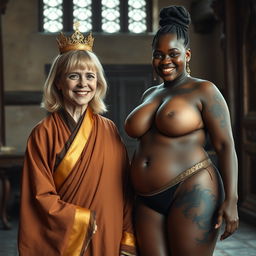 In a medieval room, a 45-year-old malnourished blonde woman with blue eyes, who is quite short, has medium-length blonde hair and is smiling joyfully