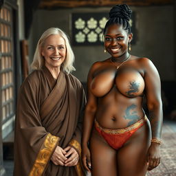 In a medieval room, a 45-year-old malnourished blonde woman with blue eyes, who is quite short, has medium-length blonde hair and is smiling joyfully