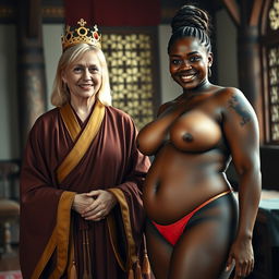 In a medieval room, a 45-year-old malnourished blonde woman with blue eyes, who is quite short, has medium-length blonde hair and a joyful smile