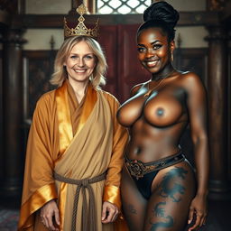 In a medieval room, a 45-year-old malnourished blonde woman with blue eyes, who is quite short, has medium-length blonde hair and a joyful smile