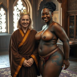 In a medieval room, a 45-year-old malnourished blonde woman with blue eyes, who is quite short, has medium-length blonde hair and a joyful smile