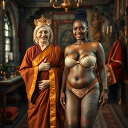 In a medieval room filled with rich decorations, a unique scene presents two women