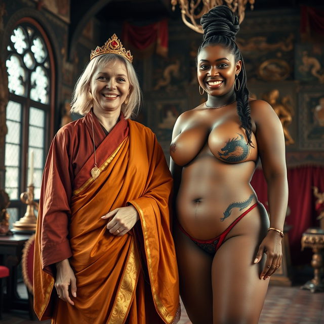In a medieval room filled with rich decorations, a unique scene presents two women