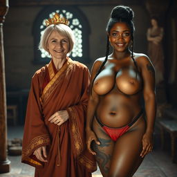 In a captivating medieval room, the scene features two women