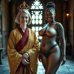 In a captivating medieval room, the scene features two women