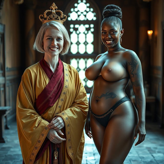 In a captivating medieval room, the scene features two women