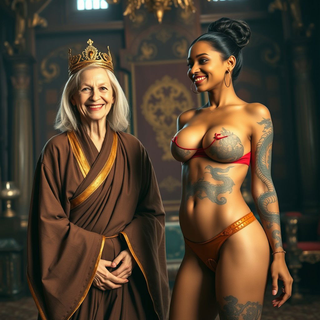 In a medieval room adorned with rich decorations, a scene features two women radiating joy