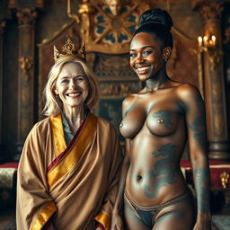 In a medieval room adorned with rich decorations, a scene features two women radiating joy