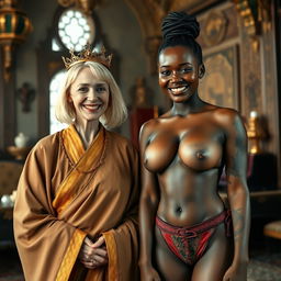 In a medieval room adorned with rich decorations, a scene features two women radiating joy