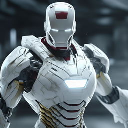 A compelling 8K resolution, 1080HP picture quality rendering of Iron Man in an all-white suit, highlighting the futuristic technology and powerful presence of the iconic Marvel superhero.