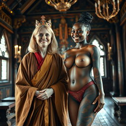 In a medieval room adorned with intricate decorations, a delightful scene features two women exuding joy