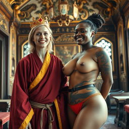 In a medieval room adorned with intricate decorations, a delightful scene features two women exuding joy