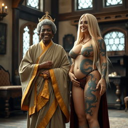 Inside a medieval room with rich furnishings, a heartwarming scene captures two women in joyful spirits