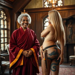 Inside a medieval room with rich furnishings, a heartwarming scene captures two women in joyful spirits