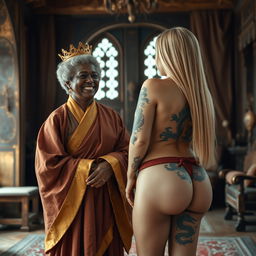 Inside a medieval room with rich furnishings, a heartwarming scene captures two women in joyful spirits