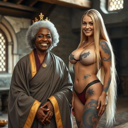 In a medieval room, a short, 45-year-old African woman with gray, curly hair is smiling joyfully