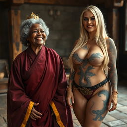 In a medieval room, a short, 45-year-old African woman with gray, curly hair is smiling joyfully