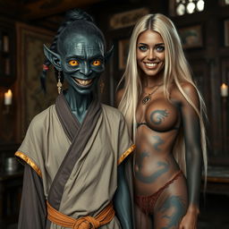 In a medieval room, a black-skinned female goblin, emaciated at 35 years old, stands with totally black skin and a short stature