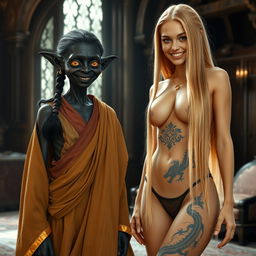 In a medieval room, a black-skinned female goblin, emaciated at 35 years old, stands with completely black skin and a short stature