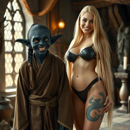 In a medieval room, a female goblin with very dark skin, around 40 years old, stands smiling with a friendly expression