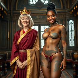 In a medieval chamber, a cheerful 45-year-old blonde woman with medium-length hair and blue eyes stands happily, dressed in a long, flowing Buddhist cloak with gold edges and a golden crown on her head