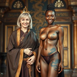 In a medieval chamber, a cheerful 45-year-old blonde woman with medium-length hair and blue eyes stands happily, dressed in a long, flowing Buddhist cloak with gold edges and a golden crown on her head