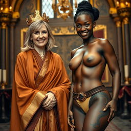 In a medieval chamber, a cheerful 45-year-old blonde woman with medium-length hair and blue eyes stands happily, dressed in a long, flowing Buddhist cloak with gold edges and a golden crown on her head