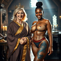 In a medieval room, a jubilant 45-year-old blonde woman with medium-length hair and striking blue eyes stands proudly