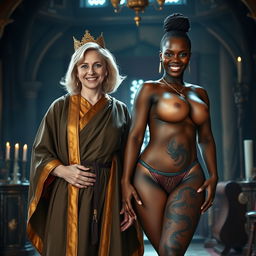 In a medieval room, a jubilant 45-year-old blonde woman with medium-length hair and striking blue eyes stands proudly