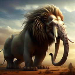 An imaginative creature that is a fusion of a lion with its regal mane and impressive roar, and an elephant with its massive size, wrinkled skin, and long, dexterous trunk.