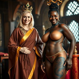 In a medieval room, a jubilant 45-year-old blonde woman with medium-length hair and striking blue eyes stands proudly