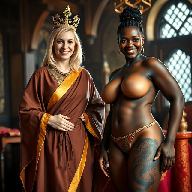 In a medieval room, a jubilant 45-year-old blonde woman with medium-length hair and striking blue eyes stands proudly
