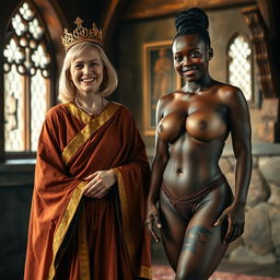 In a medieval room, a joyful 45-year-old blonde woman with medium-length hair and blue eyes stands happily, wearing a long, flowing Buddhist cloak with gold edges and a golden crown on her head