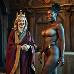 In a medieval room, a joyful 45-year-old blonde woman with medium-length hair and blue eyes stands happily, wearing a long, flowing Buddhist cloak with gold edges and a golden crown on her head