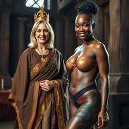 In a medieval room, a joyful 45-year-old blonde woman with medium-length hair and blue eyes stands happily, wearing a long, flowing Buddhist cloak with gold edges and a golden crown on her head