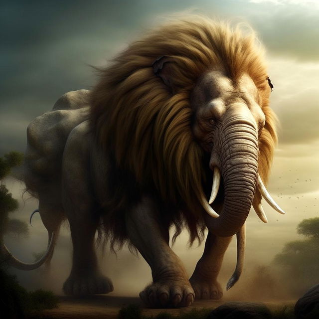 An imaginative creature that is a fusion of a lion with its regal mane and impressive roar, and an elephant with its massive size, wrinkled skin, and long, dexterous trunk.