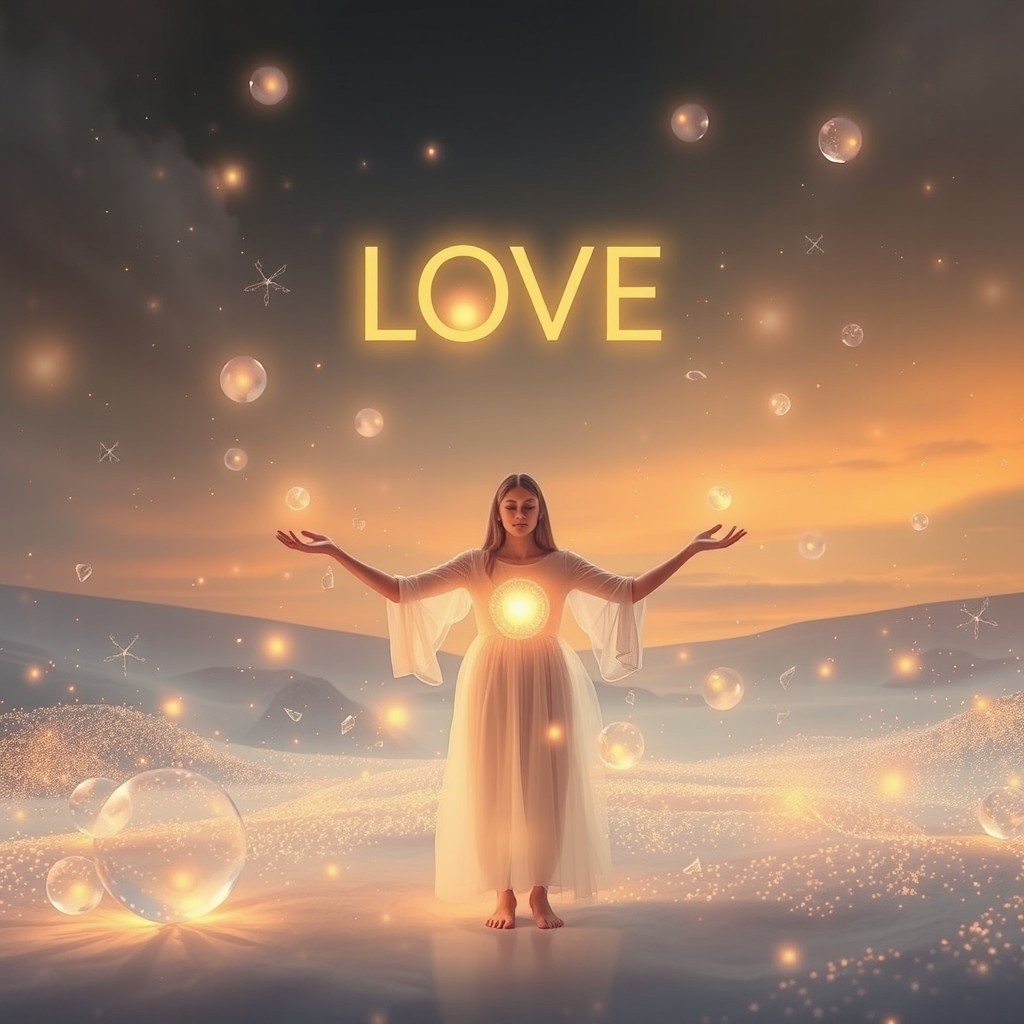 An ethereal scene representing a powerful mantra of love and healing