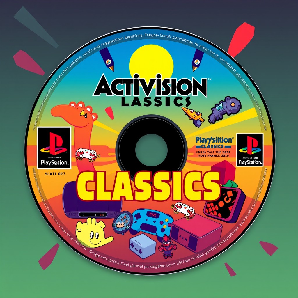 A retro PlayStation CD label design for 'Activision Classics', featuring iconic gaming imagery from the 90s