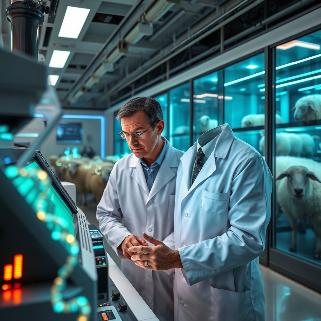 A futuristic laboratory setting where scientists are conducting DNA research on sheep