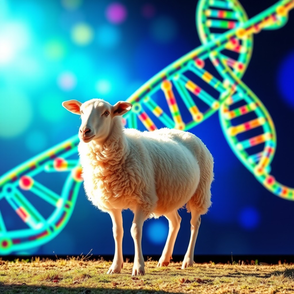 A beautiful sheep standing gracefully in front of a large, visually striking background displaying a colorful DNA nucleotide sequence