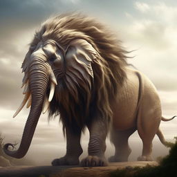 An imaginative creature that is a fusion of a lion with its regal mane and impressive roar, and an elephant with its massive size, wrinkled skin, and long, dexterous trunk.