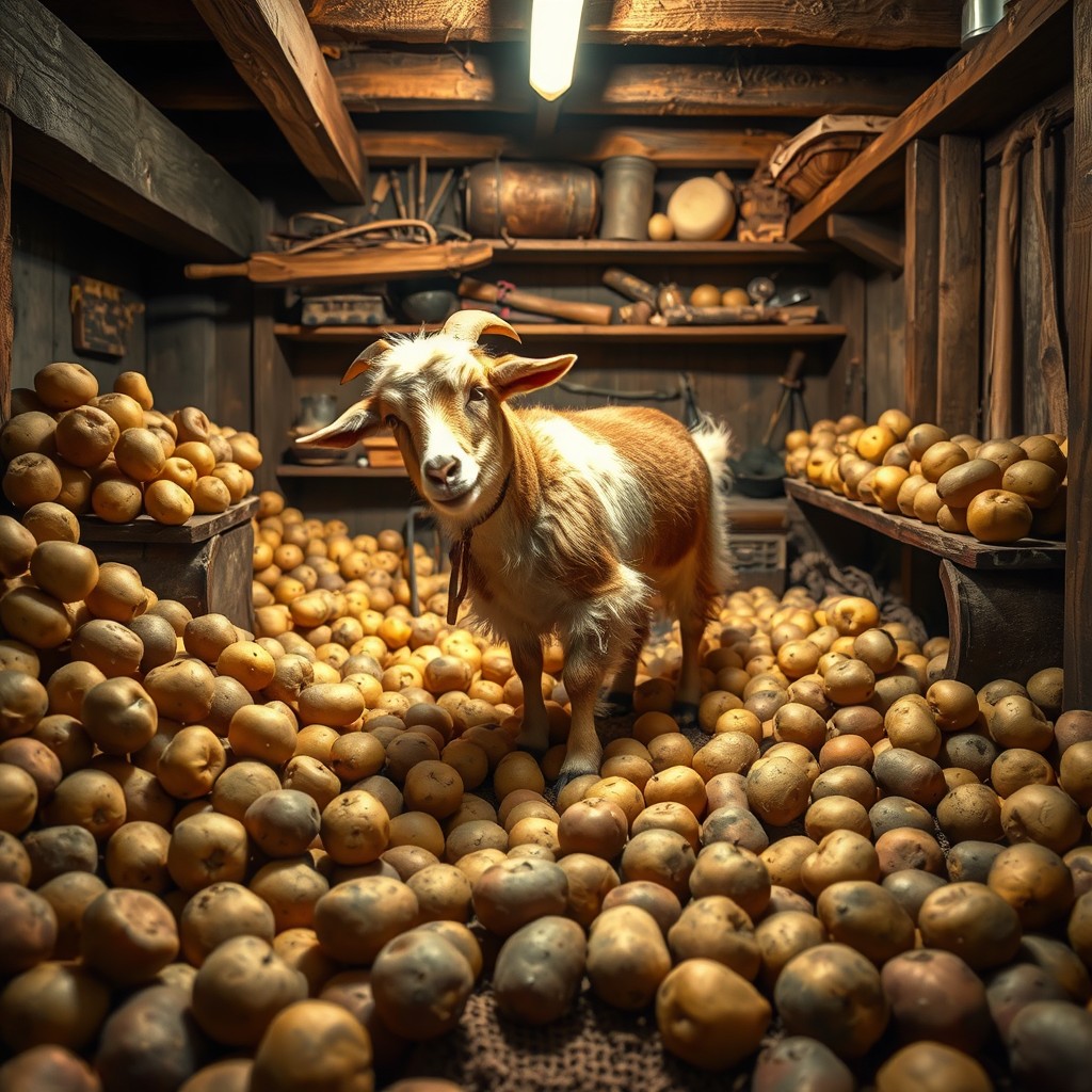 A humorous scene featuring a goat curiously exploring a basement filled with potatoes
