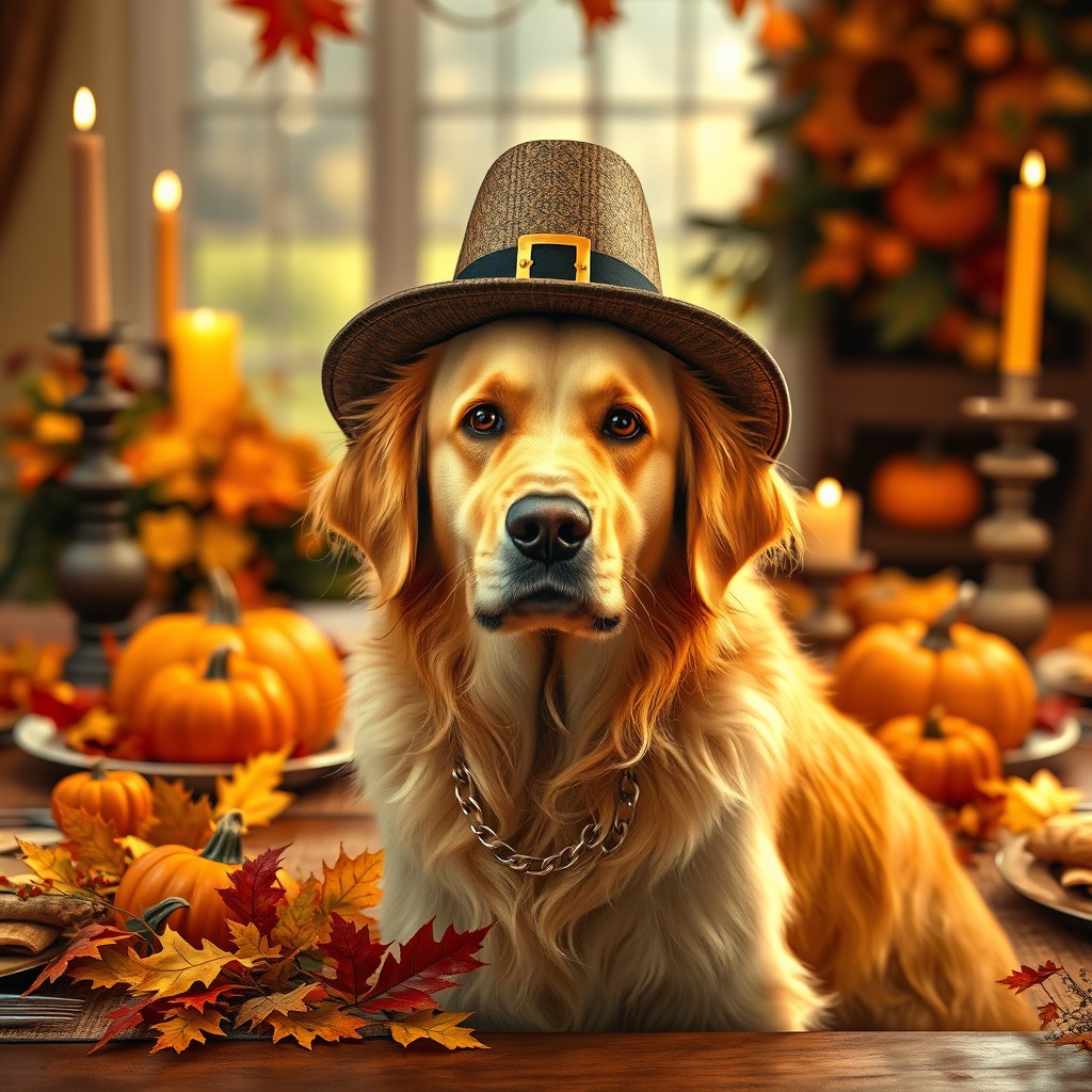A Golden Retriever dog sitting at a beautifully decorated Thanksgiving dinner table