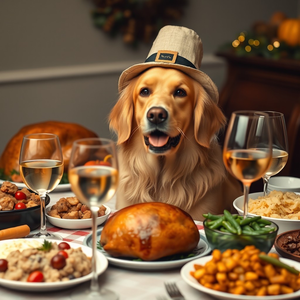 A Golden Retriever dog sitting at a fully decorated Thanksgiving dinner table, featuring a beautifully cooked turkey surrounded by traditional foods such as stuffing, mashed potatoes, cranberry sauce, and green bean casserole