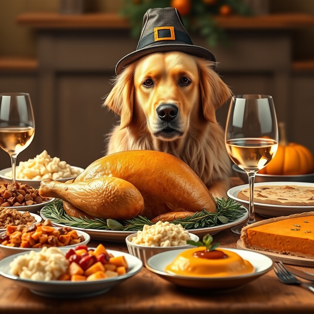 A Golden Retriever dog sitting at a fully decorated Thanksgiving dinner table, featuring a large, golden-brown turkey at the center, surrounded by traditional foods such as creamy mashed potatoes, stuffing, cranberry sauce, and pumpkin pie